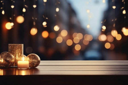 Christmas decoration on wooden table over blurred bokeh background.の素材