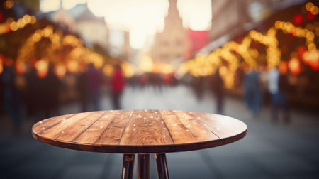Empty wooden table and blurred background of christmas market in city.の素材