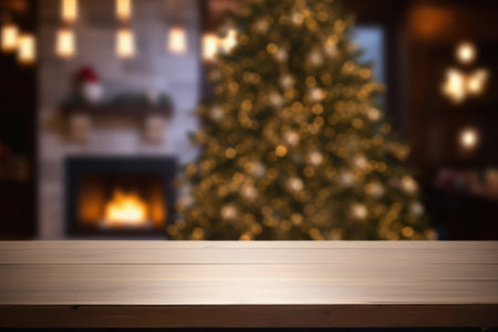 Wooden table in front of blurred christmas tree and fireplace background.の素材