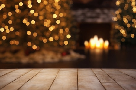 Wooden table in front of fireplace and christmas tree. Blurred background.の素材