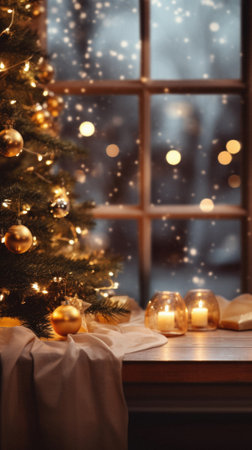 Beautiful Christmas interior with Christmas tree, candles and books on table.の素材
