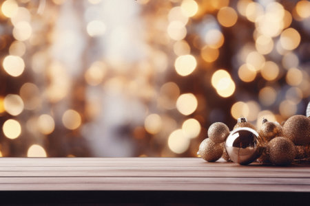 Wooden table with Christmas baubles on bokeh background.の素材