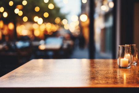 Empty wooden table and blurred background of cafe with bokeh light.の素材