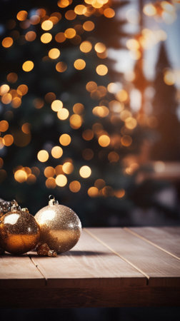 Christmas decoration on wooden table in front of bokeh lights.の素材