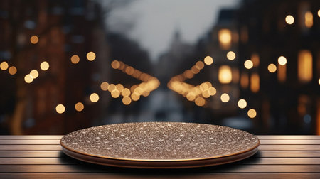 Empty round plate on wooden table in front of defocused city lights.の素材
