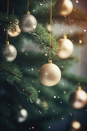 Christmas tree decoration with golden baubles and snow on blurred background.の素材
