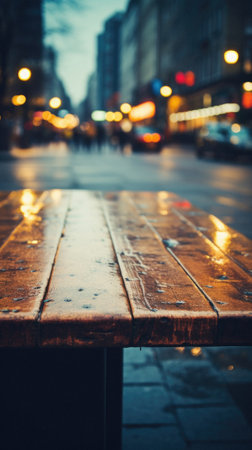 Wooden table in the city at night. Blurred background.の素材