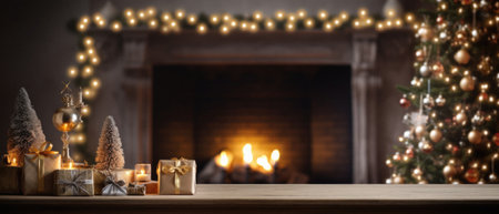 Wooden table in front of fireplace with christmas decorations and gifts.の素材