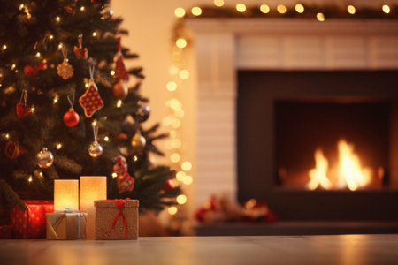 Beautiful Christmas tree with gifts and fireplace on blurred background. Space for text.の素材