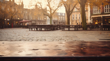 Empty table in front of a blurred background of an old city street.の素材