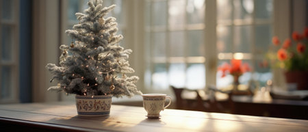 Cup of coffee with christmas tree on table in living room.の素材