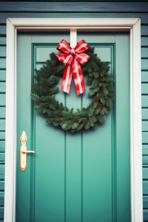 Christmas wreath on the door of a green wooden house. Retro style.の素材