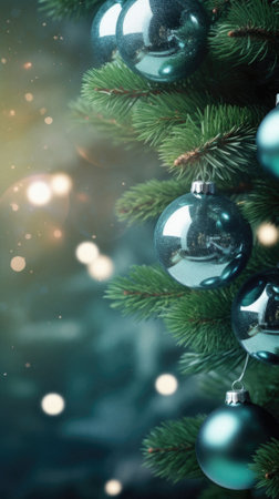 Christmas tree with blue and silver baubles on blurred bokeh background.の素材