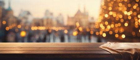 Empty wooden table and blurred background of Christmas market in London, UK.の素材