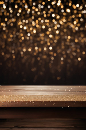 Wooden table background with golden bokeh lights. Empty space for product display montage.の素材