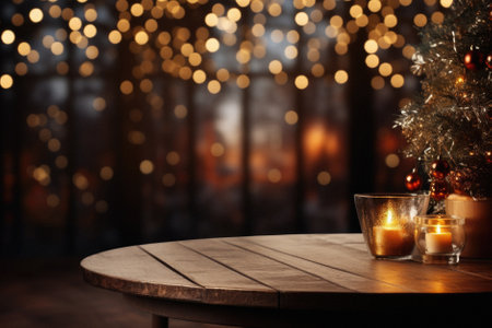Wooden table with burning candles and christmas tree on blurred background.の素材