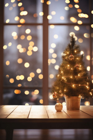 Christmas tree with lights on the background of a wooden table in a cafe.の素材