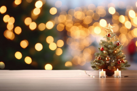 Christmas tree and candles on wooden table against bokeh lights background.の素材