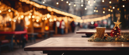 Christmas and New Year holidays background. Empty wooden table in front of christmas market with decorations.の素材