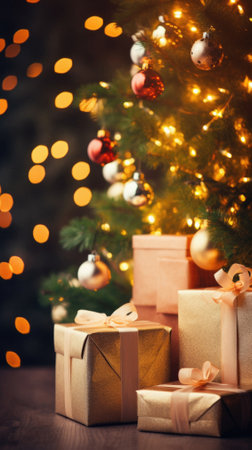 Christmas tree and gifts. Festive background with bokeh lights.の素材