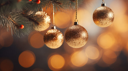 Golden Christmas balls on fir tree branch, bokeh lights background.の素材