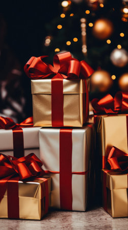 Gift boxes with red ribbons on background of christmas tree.の素材