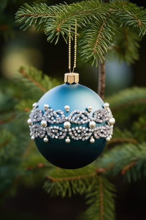 Christmas tree decoration with blue bauble on pine branch.の素材