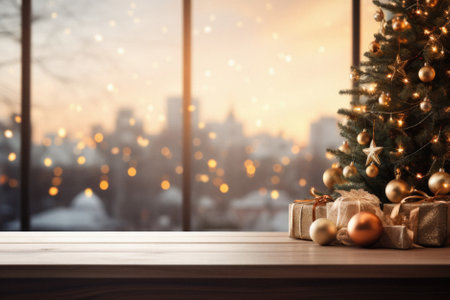 Wooden table with Christmas tree and gift boxes on background of blurry cityscape.の素材
