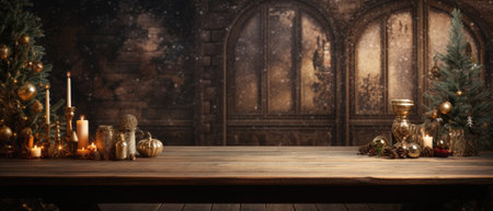 Christmas background. Empty wooden table for product display. Copy space.の素材