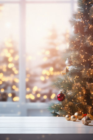 Christmas tree with golden decorations on the background of the window and bokeh.の素材