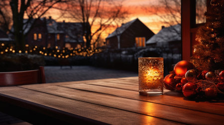 Glass of wine with christmas decoration on wooden table in front of winter landscape.の素材