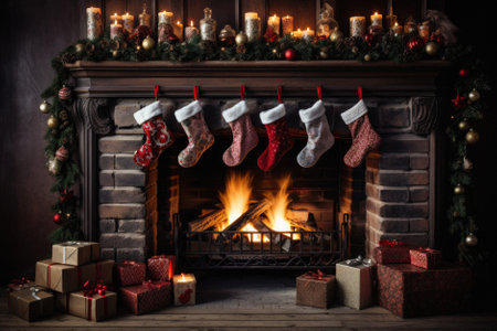 Christmas stocking on the background of a burning fireplace and Christmas gifts.の素材