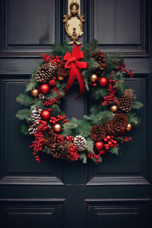 Christmas wreath on the door of the house. Christmas background.の素材