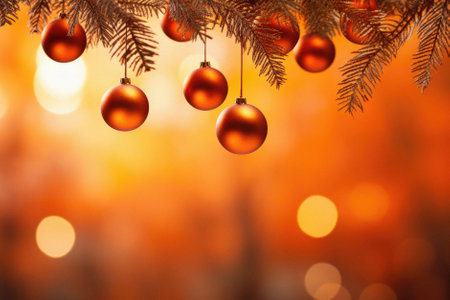 Christmas background with fir tree branches and red balls on blurred bokeh background.の素材