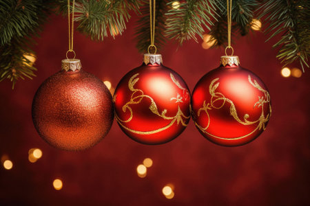Christmas balls hanging on christmas tree branch over red bokeh background.の素材