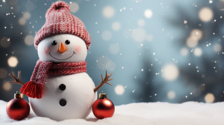 Snowman on a background of snow. christmas and new year concept. christmas background. christmas card with copy space.の素材