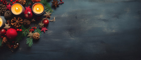 Christmas table setting with festive decorations on wooden background with copy space.の素材