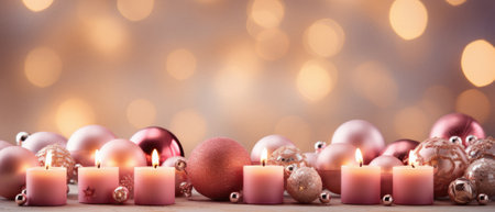Candles in a vase with a plant in it on a pink background.の素材