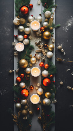 Christmas composition. new year and christmas decorations. flat lay, top view. new year, winter holiday concept.の素材