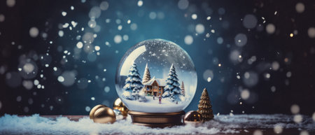 Glass globe with christmas tree on a wooden background. xmas background.の素材