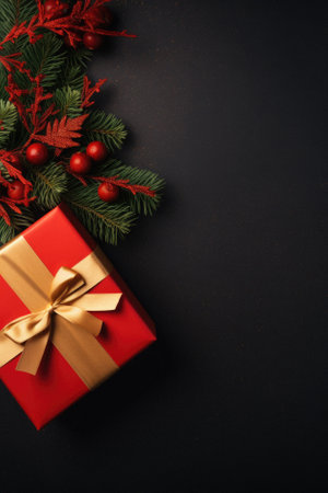 Red christmas gift with fir branches and decorations on a black background.の素材