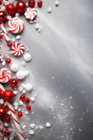Christmas background with snow flakes, christmas decorations and candy canes on grey background.の素材