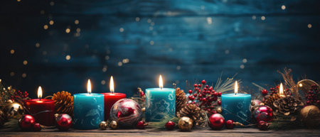 Christmas table setting with festive decorations on wooden background with copy space.の素材