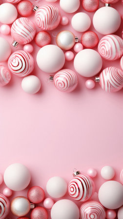 Christmas background with balls and decorations on pink background.の素材