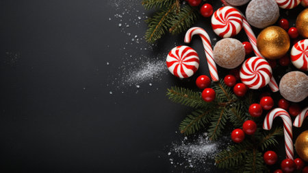 Christmas decoration with christmas candy and fir branches on dark background with copy space.の素材