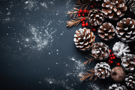 Christmas background with fir branches, cones and snow on dark background with copy space. new year card.の素材
