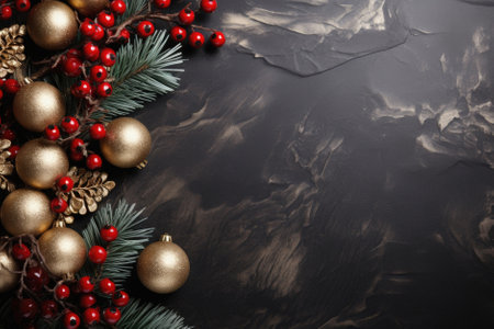 Christmas background with christmas tree branches, baubles, cones, golden balls, red berries, christmas decorations, christmas tree branches, xmas holiday background.の素材