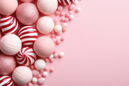 Heart shaped candies on light pink background, flat lay.の素材