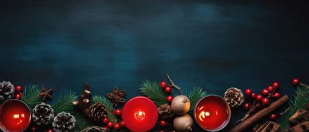 Christmas table setting with festive decorations on wooden background with copy space.の素材