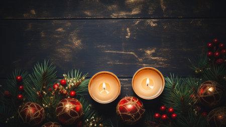 Christmas table setting with festive decorations on wooden background with copy space.の素材